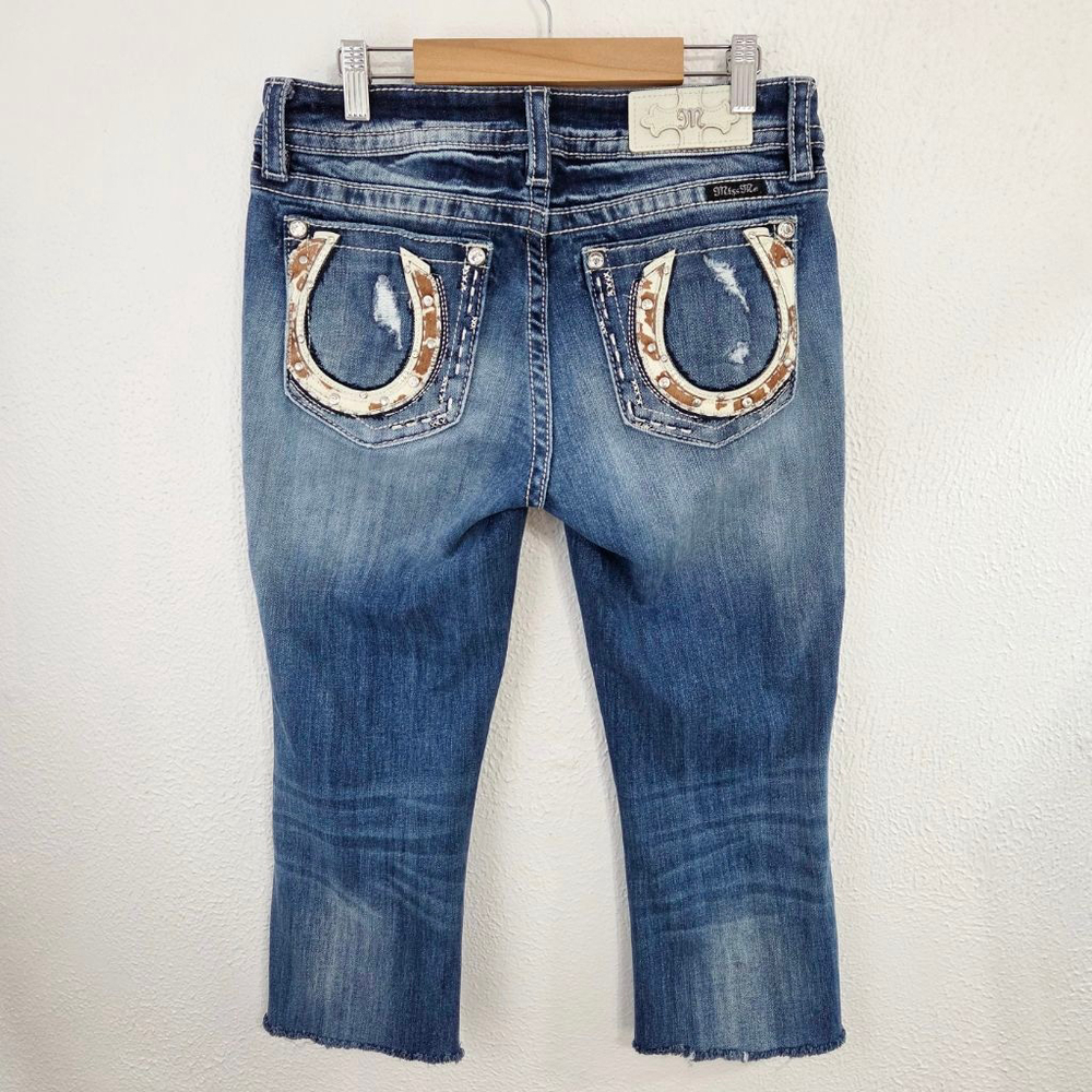 Miss Me cow hide capri jeans horseshoe bling cutoffs distressed women's 28